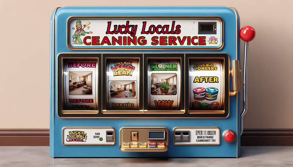 An illustrated slot machine with ‘Lucky Locals Cleaning Service’ branding, displaying before and after images of a living room cleaning transformation, open 7 days and offering home maintenance services