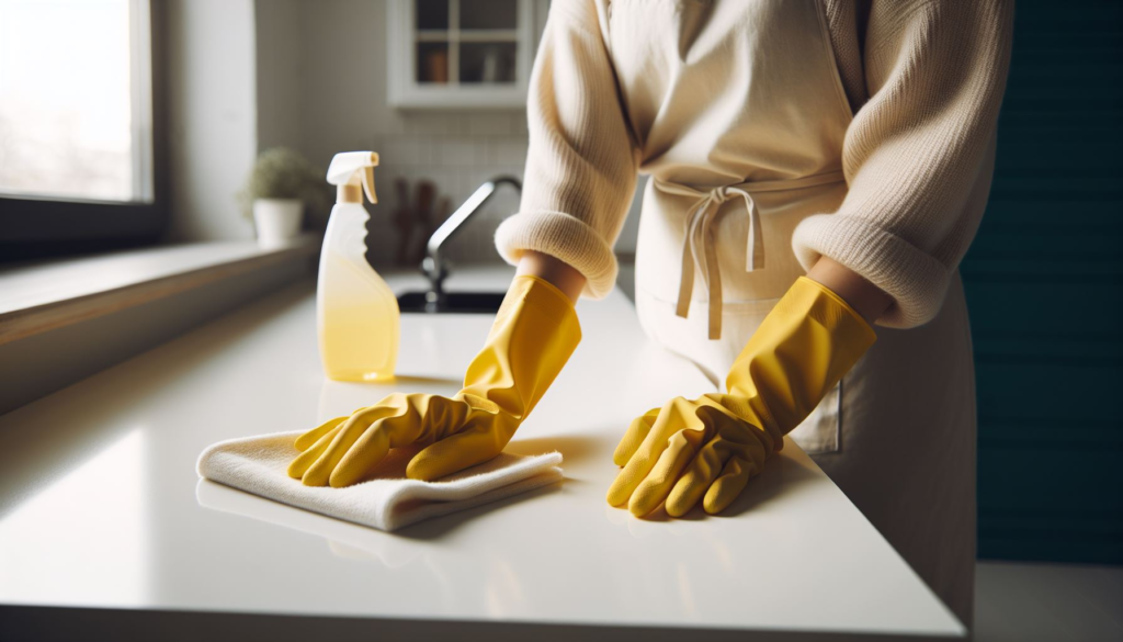 A diligent cleaner in yellow gloves meticulously polishes a white kitchen countertop, ensuring a spotless and hygienic surface, perfectly captured in a well-lit, high-resolution image