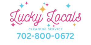 The vibrant logo of Lucky Locals Cleaning Service features stylized cursive text in pink with accents of blue and yellow stars, conveying a cheerful and reliable image for home cleaning services.